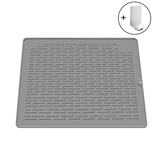 Abtropfmatte 45x58 cm, Abtropfmatte Geschirr Silikon 58X45 cm, Große, XXL-Code, Geschirrabtropfmatte Gross, Silicone Drying Mat, Geschirrtrockenmatte, Rutschfestes, Abtropfunterlage, mit Haken, Grau