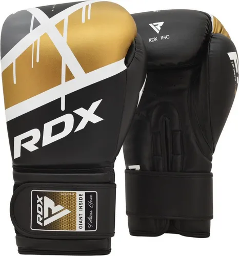 RDX-Sports Boxhandschuhe F7 Ego - Schwarz/Gold, 10oz für Kinder und Erwachsene - Hochwertige Trainingshandschuhe aus Kunstleder mit strategischen Lüftungsöffnungen für optimale Kühlung. Ideal für Boxen, Muay Thai, MMA und mehr. Sicherer Sitz durch breite Klettverschlussbandagen.