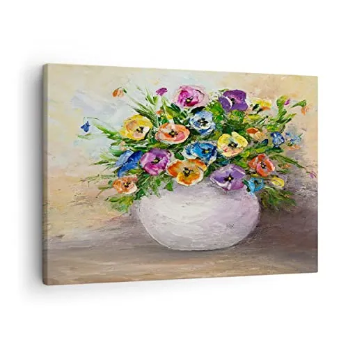 Bilder auf Leinwand Blumen Blumenstrauß Vase bunt Leinwandbild 70x50cm Wandbilder Dekoration Wohnzimmer Schlafzimmer Küche Deko Klein Wanddeko Bild Wand Kunstdruck Art Wall Decor Canvas AA70x50-2915