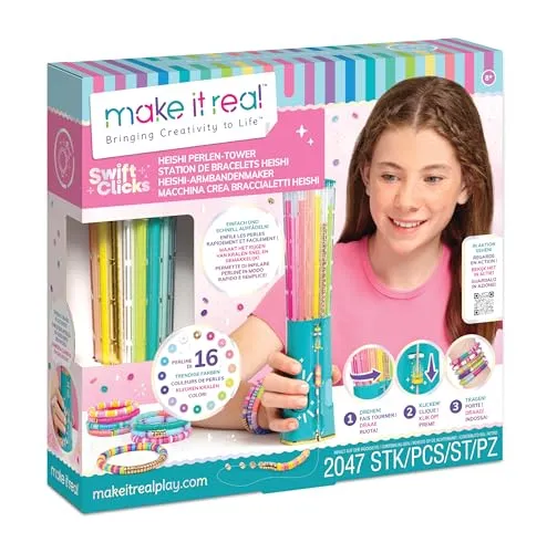 Make it real Heishi Perlen-Tower - Basteln mit Heishi-Armbändern leicht gemacht! Enthält alles für kreative Projekte: 2040 Perlen, Fädelstift und Anleitung für unendlichen Spaß.