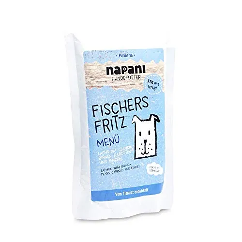napani - Premium Hundefutter nass, Bio Nassfutter für Hunde, Fischers Fritz mit Lachs aus Wildfang & Quinoa, purinarm, schonend gegart, ohne Zusatzstoffe, 1 x 150g