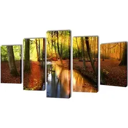 Bilder Dekoration Set Wald 100 x 50 cm - 5-teiliges Bilder Arrangement aus hochwertigem, wasserdichtem Leinwandprint, ideal für moderne Wohnräume. Einfache Montage ohne zusätzlichen Rahmen, Gesamtgröße 100 x 50 cm.