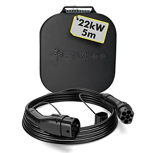 EVbee EV Typ 2 zu Typ 2 Universal Ladekabel - Wallboxen - 22kW, 5m lang, 3-phasig, IP55, ideal für Hybrid- und Elektroautos, 3 Jahre Garantie, kompatibel mit vielen Marken wie Audi, BMW, VW und mehr.