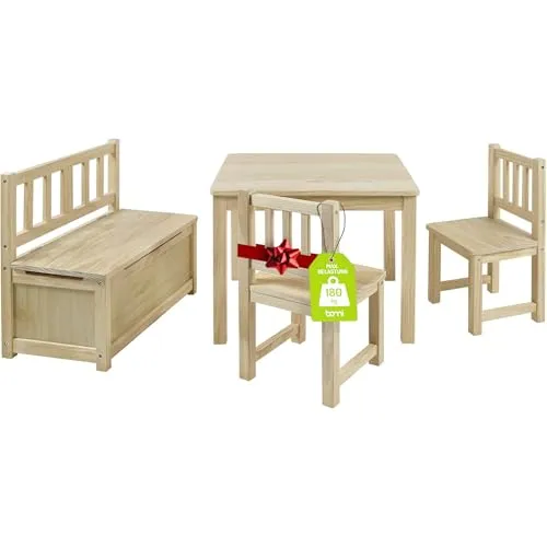 BOMI Kindersitzgruppe Holzsitzgruppe Anna - 4-tlg. für kleine Entdecker - Sitzgarnituren aus massivem Kiefernholz, perfekt für kreative Spielstunden. Die naturbelassene Oberfläche sorgt für Sicherheit und ein gesundes Raumklima.