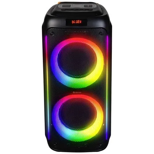 Denver Bluetooth-Lautsprecher BPS-458, schwarz - Tragbarer Bluetooth-Lautsprecher mit intensivem Bass, bis zu 3 Stunden Akkulaufzeit und interaktiven Lichteffekten für jede Stimmung. Inklusive Mikrofon und Fernbedienung.