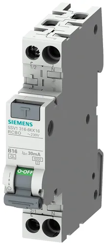 Siemens 5SV13163KK16 FI-Schutzschalter 16A - FI-Schalter 1P+N, 30mA Typ F für Überlast- und Fehlerstromschutz, platzsparend in nur 1 TE, ideal für sichere Elektroinstallationen.