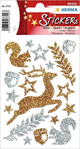 HERMA 3729 Aufkleber Waldtiere Glitzer klein groß, 17 Stück, Tiere Sticker mit Rentiere Eichhörnchen Motiv, Kinder Etiketten für Weihnachten Nikolaus Scrapbooking Geburtstag Deko Briefe DIY Basteln