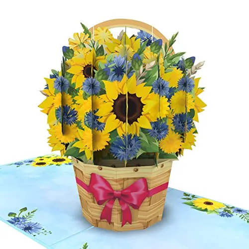 MOKIO® Pop-Up Blumenkarte – Korb mit Sonnenblumen – 3D Geschenkkarte zum Geburtstag, zur Pensionierung, als Gutschein oder zur Genesung, Blumen Grußkarte mit Umschlag