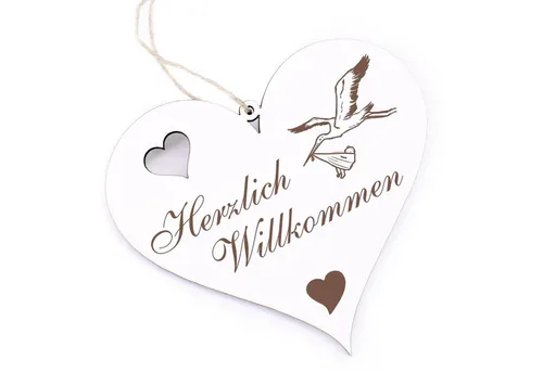 Dekolando Hängedekoration Herzlich Willkommen - Storch mit Baby - 13x12cm