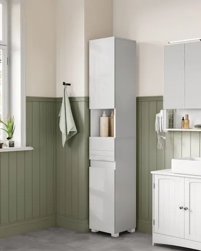 Vasagle Badschrank BBC560P31, Weiß, Stehend - Hochschrank mit 5 Fächern, höhenverstellbaren Böden und feuchtigkeitsbeständigem MDF, ideal für Ihr Badezimmer. In modernem Hochglanzweiß mit zusätzlicher Wandhalterung für mehr Sicherheit.
