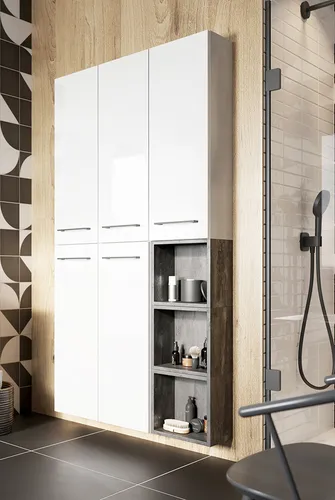 Lomadox Badmöbel-Set MESSINA-107 in Weiß Hochglanz - Elegantes Badmöbel-Set in Weiß Hochglanz, ideal für moderne Badezimmer. Kompakte Maße von 90x22x180 cm, selbstmontierbar und mit hochwertiger Oberfläche für eine stilvolle Optik.