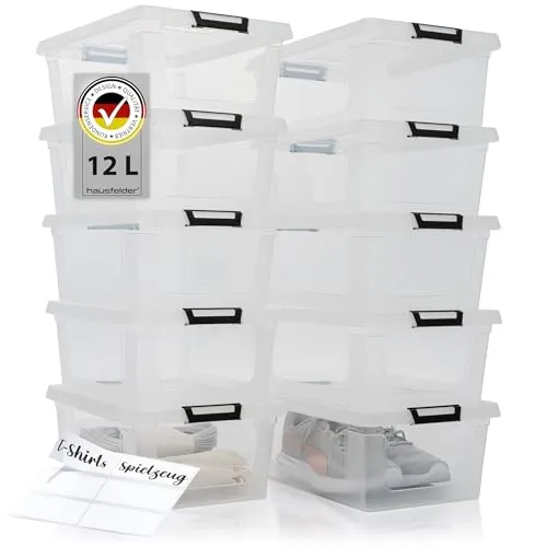 Hausfelder Aufbewahrungsbox 12 l - 10er Set - Stapelbare Aufbewahrungsboxen mit Klickverschluss, ideal für die organisierte Aufbewahrung von Kleidung, Spielzeug oder Haushaltsutensilien.