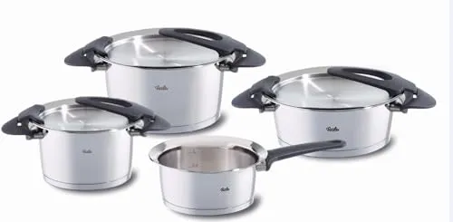 Fissler Intensa Edelstahl-Topfset, 4-teilig - Hochwertiges Kochtopf-Set aus rostfreiem Edelstahl, ideal für alle Herdarten inklusive Induktion. Mit praktischen Funktionen wie Abgieß- und Deckelablage für müheloses Kochen.