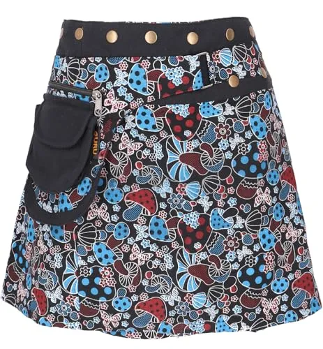 Wickelrock mit Pilz Print - Schwarz - Röcke, stylischer kurzer Wickelrock aus 100% Baumwolle, fair gehandelt in Nepal, ideal für einen alternativen Ethno-Look.