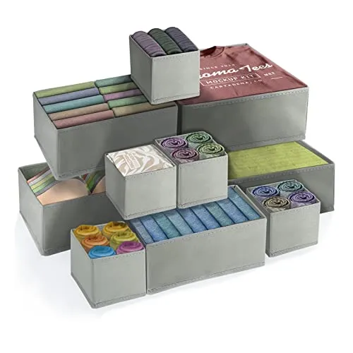 FAMKEEP 10 Stück Schubladen Ordnungssystem Kleiderschrank Organizer,Faltbare Aufbewahrungsbox Stoff,Grau Faltbare Aufbewahrungsbox Stoff,Schrank Schubladentrenner für Kleidung, BHS, Socken, Krawatten