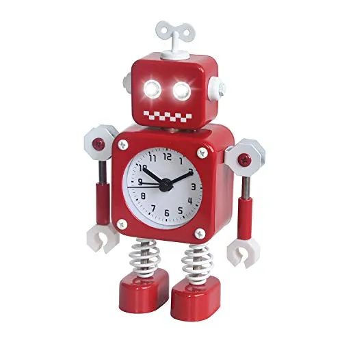 Diskary Roboter Wecker,Nicht tickende Wecker mit blinkenden Augen Lichtern und drehbarem Arm,Geschenk an Kinder (Rot)