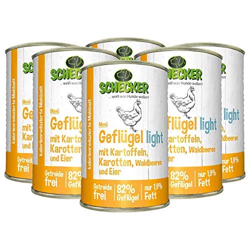 Schecker Nassfutter - Schecker Hundemenü - Geflügel Light mit Kartoffeln, Karotten, Waldbeeren & Ei - Nassfutter- Diätfutter 6X 410g
