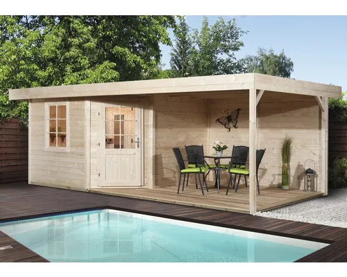 Weka Saunahaus Salo Sparset 7,5 kW OS Natur - Saunahaus aus 28 mm Blockbohlen mit hochwertiger Elementsauna Varberg. Genießen Sie entspannende Wärme und ein modernes Design für Ihr Gartenparadies.