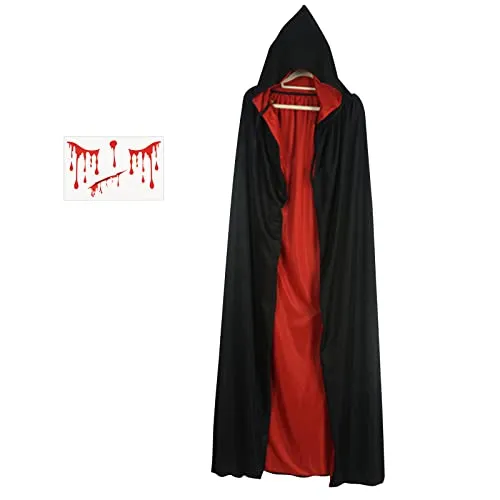 LOOPES Vampir Umhang mit Kapuze Schwarz Rot Kapuzenumhang Doppelseitig Slytherinumhang Lange Unisex Mittelalter Cape mit Halloween Narben Tattoo für Halloween Karneval Fasching Damen Herren 170cm