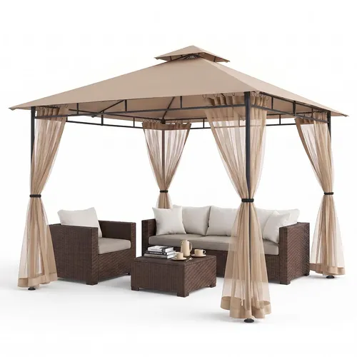 Sekey Pavillon 3 x 3m mit Moskitonetz und Doppeldach - Stabiler Gartenpavillon in Taupe, ideal für Feste. Wasserdichtes Polyester, 4 abnehmbare Seitenteile und Sonnenschutz sorgen für Komfort im Freien.