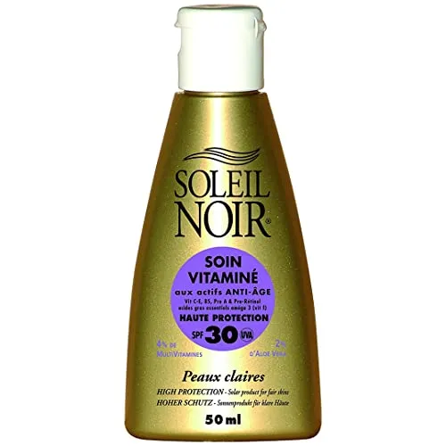 Soleil Noir - Vitaminpflege mit LSF 30, hoher Schutz, 3 UVA- und UVB-Filter, klare Haut, Vitamine A, C, E, Aloe Vera, Flasche mit Kapsel Service, 50 ml