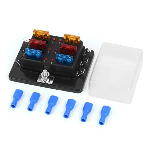 Jtron 12V Sicherungskasten kfz 6-Fach Sicherungshalter inkl 6pcs Standard Auto Sicherungen, Sicherungsdose Sicherungsträger mit LED-Anzeige Schutzabdeckung für Auto, Boot, Wohnmobil, LKW