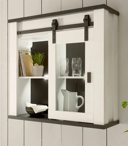 Furn.Design Hängeschrank Stove - Küchenschrank im Landhausstil, weiß Pinie und anthrazit, mit praktischer Schiebetür und vier Fächern für optimale Stauraumgestaltung.