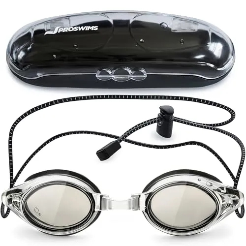 Proswims Schwimmbrille mit Antibeschlag-Beschichtung, graue Gläser mit schnell verstellbarem elastischem Bungee-Riemen, Hartschalentasche und Mikrofaser-Reinigungstuch Grau