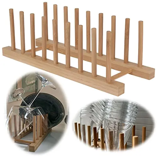 LS-LebenStil Holz Abtropfgestell 34cm - Bambus 8 Fächer - Kompatibel mit Soda Stream Glasflaschen Crystal - Abtropfständer Geschirrhalter Teller-Ständer Abtropfgitter Geschirr Rack Ständer