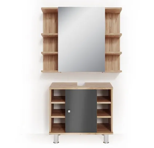 VICCO Badmöbel Set FYNN Eiche Anthrazit - Badmöbel-Set mit leicht zu reinigender melaminbeschichteter Oberfläche und beidseitig montierbaren Türen für flexibles Design im Badezimmer.