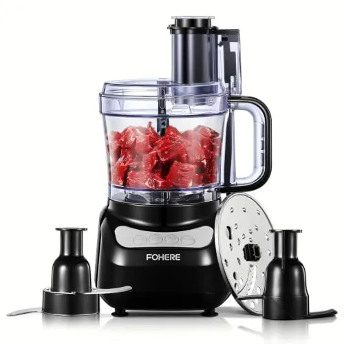 FOHERE Küchenmaschine 2,1 L, 2-in-1-Doppeleinfüllschacht | 2 Geschwindigkeiten + Puls, Edelstahlklingen, Ohne Vorschneiden, Hacken, Raspeln, Schneiden, Mixen & Teig Kneten