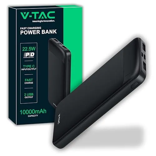 V-TAC Power Bank 10000 mAh mit Schnellladung PD 22.5W – Elegantes Design