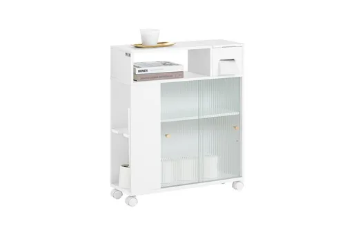 SoBuy Regal BZR117 - Nischenregal mit Rollen - Praktisches Küchenregal und Nischenschrank mit 2 Glastüren, ideal für Badmöbel oder kleine Räume, einfache Selbstmontage und platzsparendes Design.