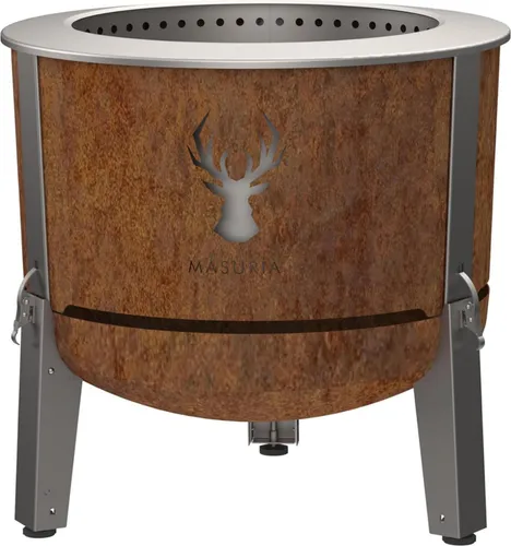 Masuria Wild Alpha 600 SE - Rauchfreie Feuerstelle BBQ aus Edelstahl und Cortenstahl - Rauchfreie Grill- und Feuerstelle mit verstellbaren Beinen für komfortables Grillen und Sitzen. Hergestellt in der EU, bietet sie Langlebigkeit und ein rustikales Design.