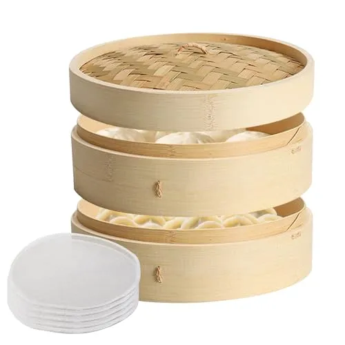 GOEDCH Bambus Dampfgarer: 21CM 2 Etagen Bambusdämpfer, Asiatischer Dämpfkorb mit Deckel, Dampfkorb Bambus mit 5 Antihaft Dampfgarermatte, für Reis, Dim Sum, Gemüse, Fisch Fleisch Dumpling