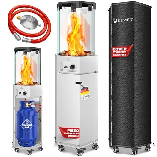 KESSER® Heizstrahler Gas - Mobiler Terrassenheizstrahler mit Schutzhülle - Heizstrahler für Outdoor mit 2 Heizstufen (4KW/8KW), hochwertiger Verarbeitung und echtem Feuer, ideal für gemütliche Abende im Freien.