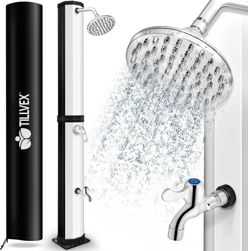 tillvex Solardusche 35L Schwarz/Silber inklusive Schutzhaube Gartendusche Pooldusche Camping Pool Solar Außen Dusche Regendusche