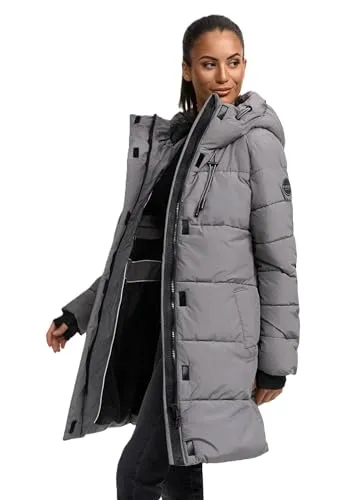 MARIKOO Damen Winterjacke (XS-6XL) - Wasserabweisend, teils mit Fleece, hochstehender Kragen, Steppjacke mit Kapuze, Warme Jacke Frauen - N008 (XXL, Grey)