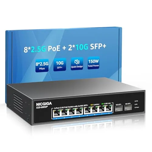 Port 2.5G PoE Switch Unmanaged with 8 Port 2.5Gb Base-T PoE+@130W + 2 x 10G SFP+ Uplink, NICGIGA 10 Port 2.5Gbe IEEE802.3af/at Power Over Ethernet Switch, Support WiFi6 AP, NAS, 4K PoE Camera NVR. 8