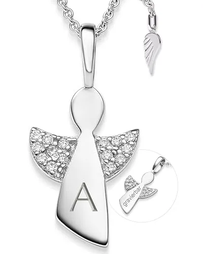 Schutzengel Kette Silber 925 für Mädchen | Engel-Anhänger Halskette - Die Engelkette aus 925er Sterling Silber mit 15 Zirkoniasteinen ist variabel von 38-42 cm einstellbar. Ideal als persönliches Geschenk zur Kommunion oder Taufe, liebevoll verpackt mit gravierbarem Etui.