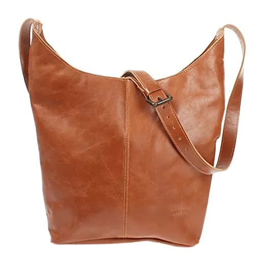 LECONI große Umhängetasche Damen Schultertasche praktische Ledertasche für Frauen Beuteltasche Vintage-Style Damentasche Shopper aus echtem Leder 34x34x11cm cognac LE0055-buf