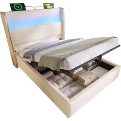 Modernes Hydraulisches Bett mit Hohem Kopfteil, 90x200cm Einzelbett mit LED-Beleuchtung, Stauraum & USB/Type-C-Anschlüssen, in Leinen Optik Beige ...