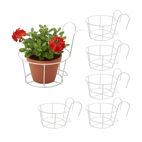 Relaxdays Hängeblumentöpfe, 6er Set, HBT: 21 x 20 x 26 cm, rostbeständig, Balkon & Terrasse, Hängetopf, Eisen, weiß