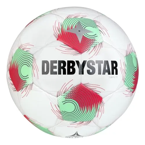 Derbystar Fußball Tempo TT v25 - Größe 5, rot/grün, Trainingsball - Trainingsball für Erwachsene, handvernäht mit 100% Polyester, extrem robust und langlebig, ideal für alle Wetterbedingungen und erfüllt FIFA Basic Standards.
