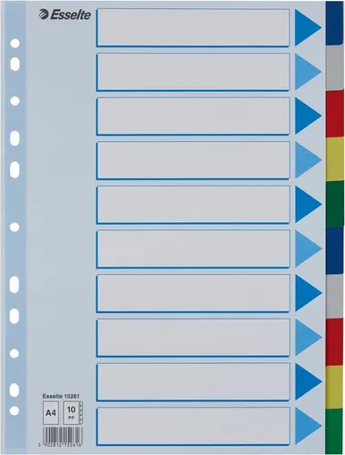 Esselte Register A4, 10er Pack mit Deckblatt und Trennblättern - Trennblätter für A4 Dokumente, ideal zur Organisation in Ordnern oder Ringbüchern. Robuste Kunststoffblätter mit praktischen Taben in verschiedenen Farben für eine klare Übersicht.