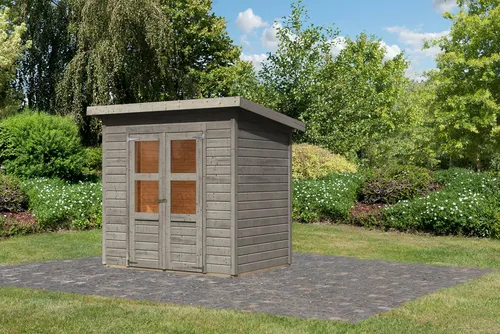 Karibu Gartenhaus »Merseburg 3« vorvergraut, BxT: 212x154 cm - Hochwertiges Gartenhaus aus 14 mm starken nordischen Fichtenbrettern. Einfacher Aufbau und optimaler Stauraum mit einer Grundfläche von 3,3 qm. Witterungsgeschützte Bodenbalken und praktische, vormontierte Tür für sicheren Zugang.