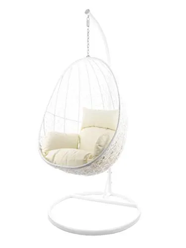 Kideo Komplettset: Hängesessel mit Gestell & Kissen, Lounge-Möbel, Poly-Rattan (Gestell- und Korbfarbe: weiß, Kissen: Elfenbein Nest (0050_Ivory))