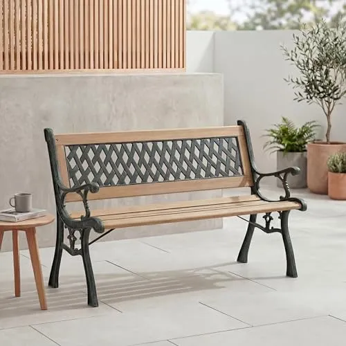 Home Discount Garden Vida Gartenbank, Cross-Style-Design, 3-Sitzer, Gartenmöbel, Sitzgelegenheiten, Holzlatten, Gusseisenbeine, Park- und Terrassensitz