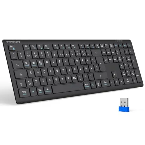 TECKNET Bluetooth Tastatur Kabellose, Wiederaufladbare Multi-Device Flach Keyboard mit Einfacher bis zu 4 Geräte, Ultraflache, Deutsches Layout (QWERTZ), für Mac, Windows, iOS, Chrome OS Schwarz