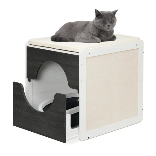 Relaxdays Katzenschrank für Katzentoilette - Katzenhöhlen & -häuser – Praktisches Katzenklohaus in Weiß/Grau mit ausziehbarer Schublade für einfache Reinigung und integrierten Kratzmatten, ideal für Flur oder Wohnzimmer.